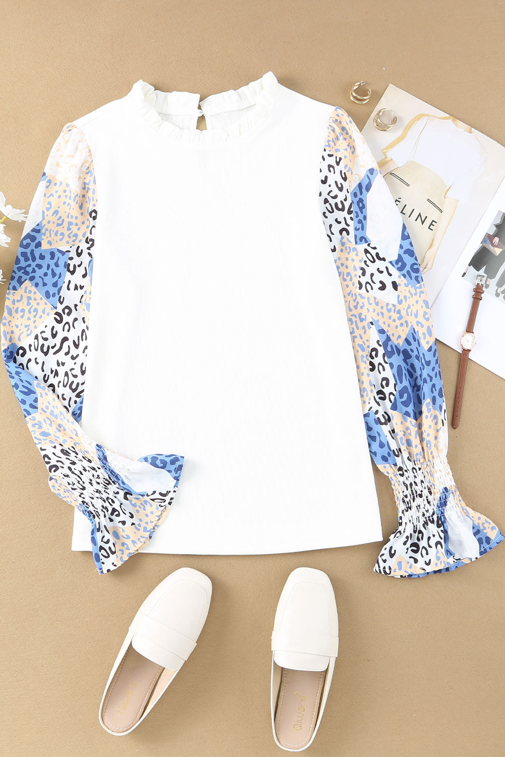 White Leopard Color Block Ruffled Blouse