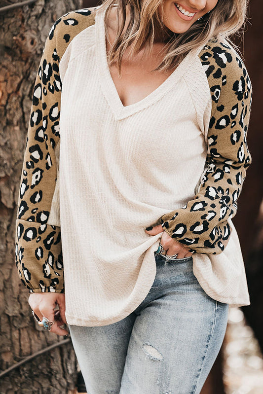 Beige Printed Plus Size Waffle Knit Contrast Leopard Long Sleeve Top