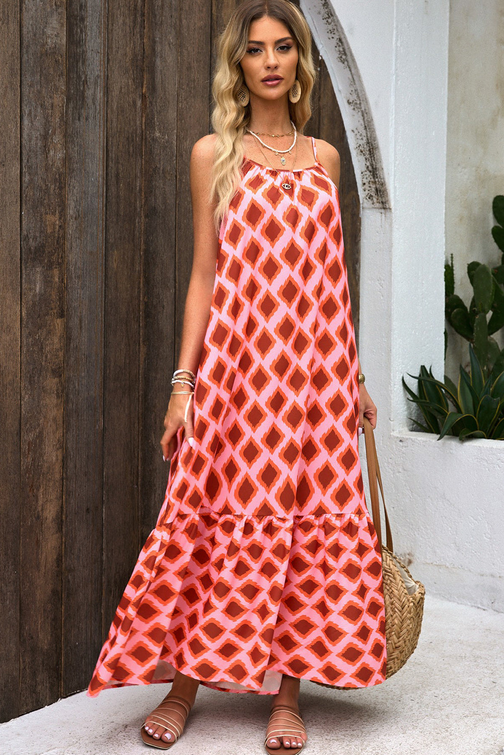 Red Geometric Print Loose Fit Sleeveless Maxi Dress