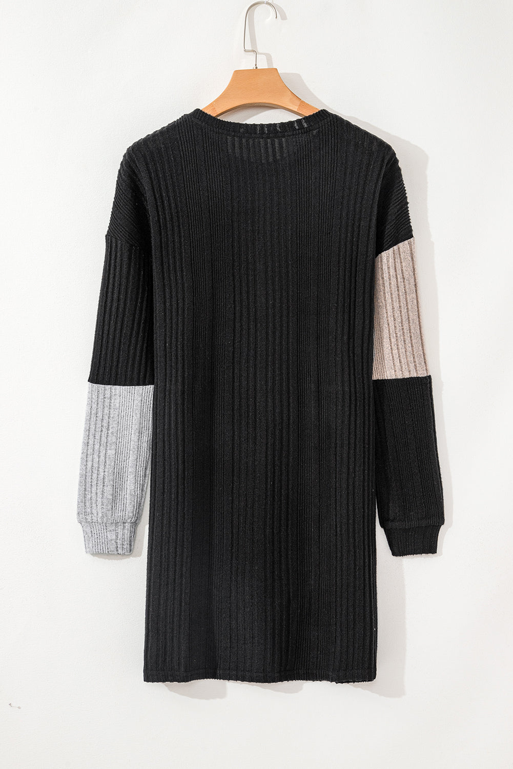 Black Ribbed Color Block Drop Shoulder Long Sleeve Mini Dress