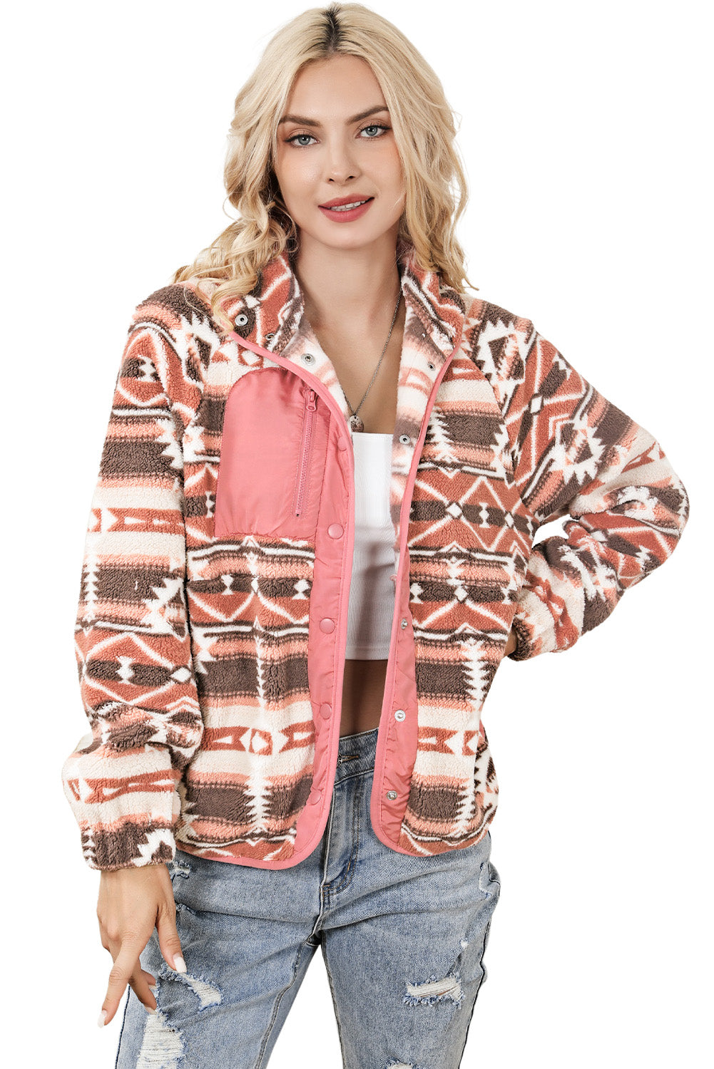 Pink Western Colorblock Snap Buttoned Sherpa Jacket