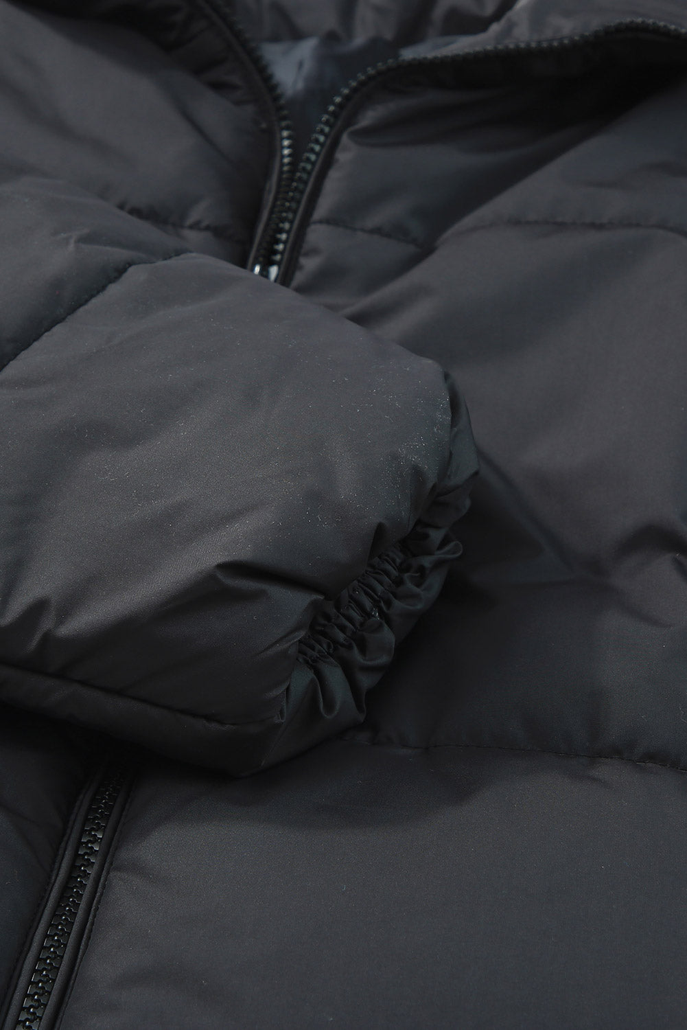 Black Zip Up Drawstring Hem Puffer Coat