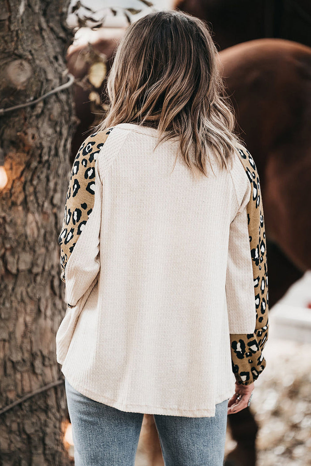 Beige Printed Plus Size Waffle Knit Contrast Leopard Long Sleeve Top