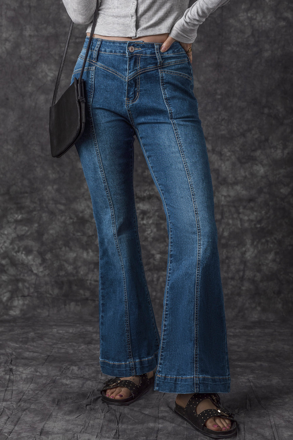 Blue High Waist Seam Stitching Pocket Flare Jeans