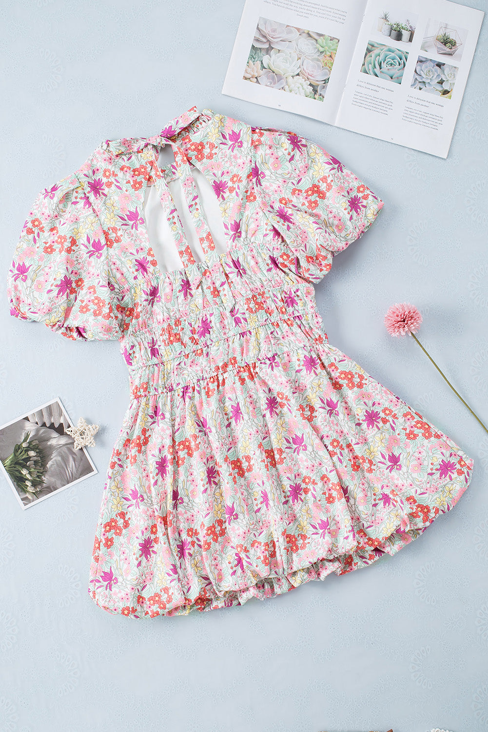 Red Puff Sleeve Smocked Waist Floral Dress