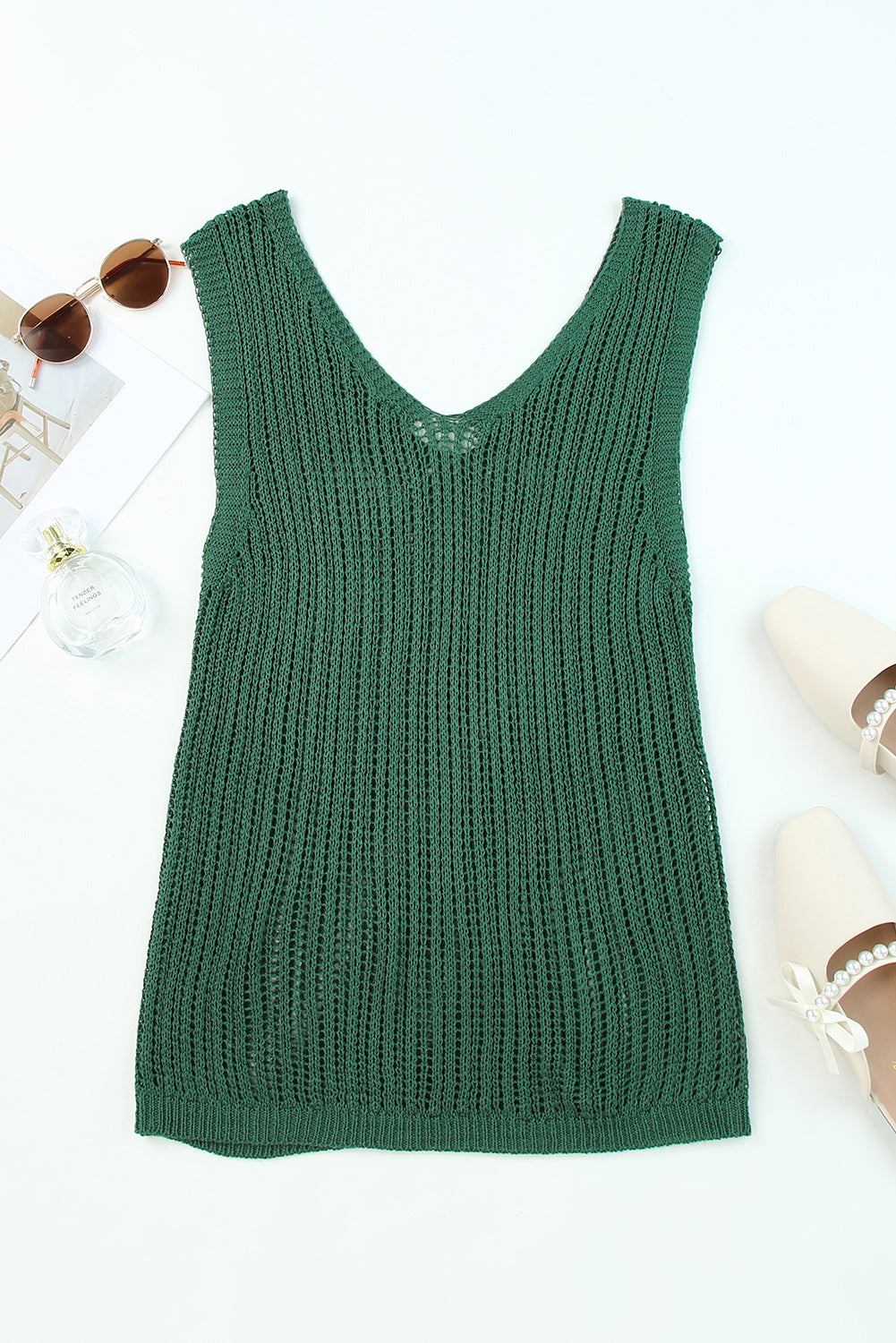 Green Hollowed Knit V Neck Tank Top