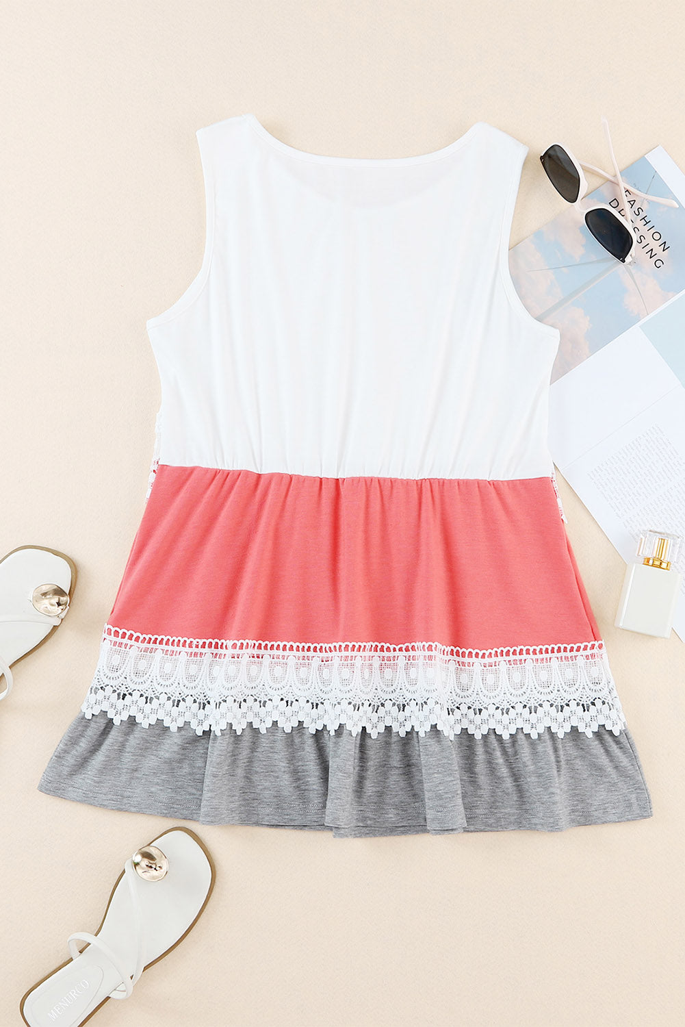 White Crochet Lace Trim Color Block Tank Top