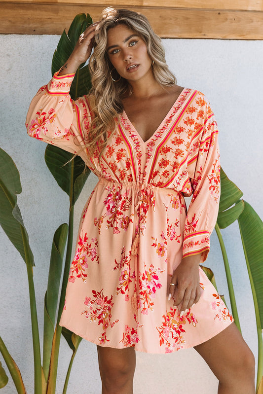 Floral Tassel Drawstring Kimono Dress