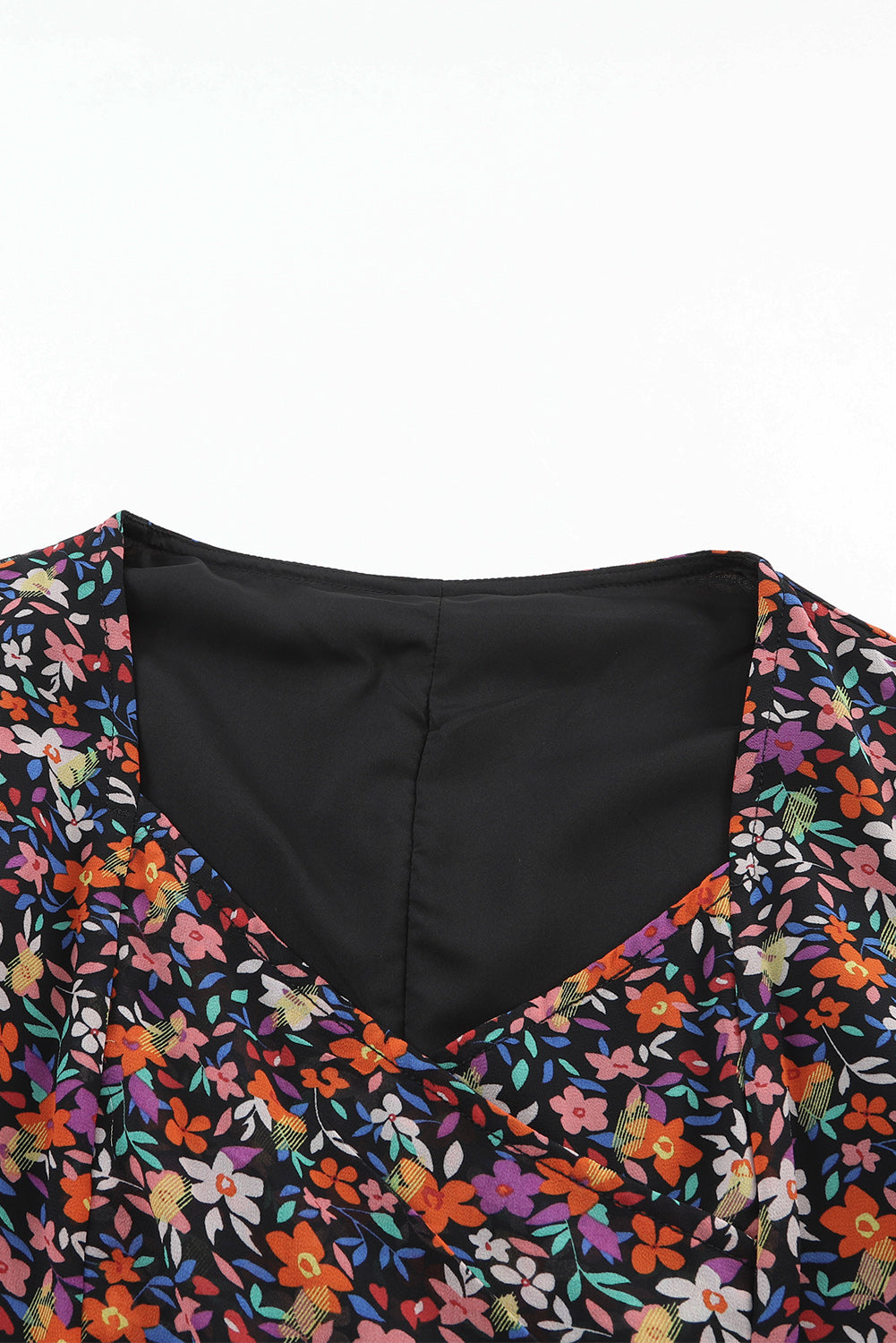 Black  V Neck Bubble Sleeve Floral Blouse