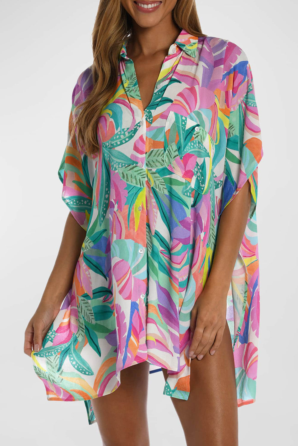 Multicolor Plant Print Button-up Half Sleeve Beach Cover Up