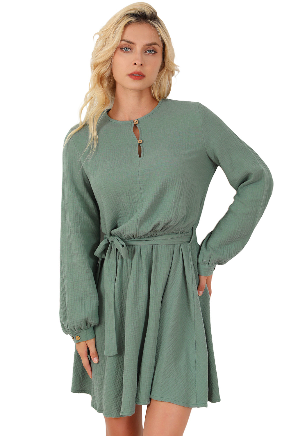 Pickle Green Button Neck Puff Sleeve Belted Pleated Mini Dress