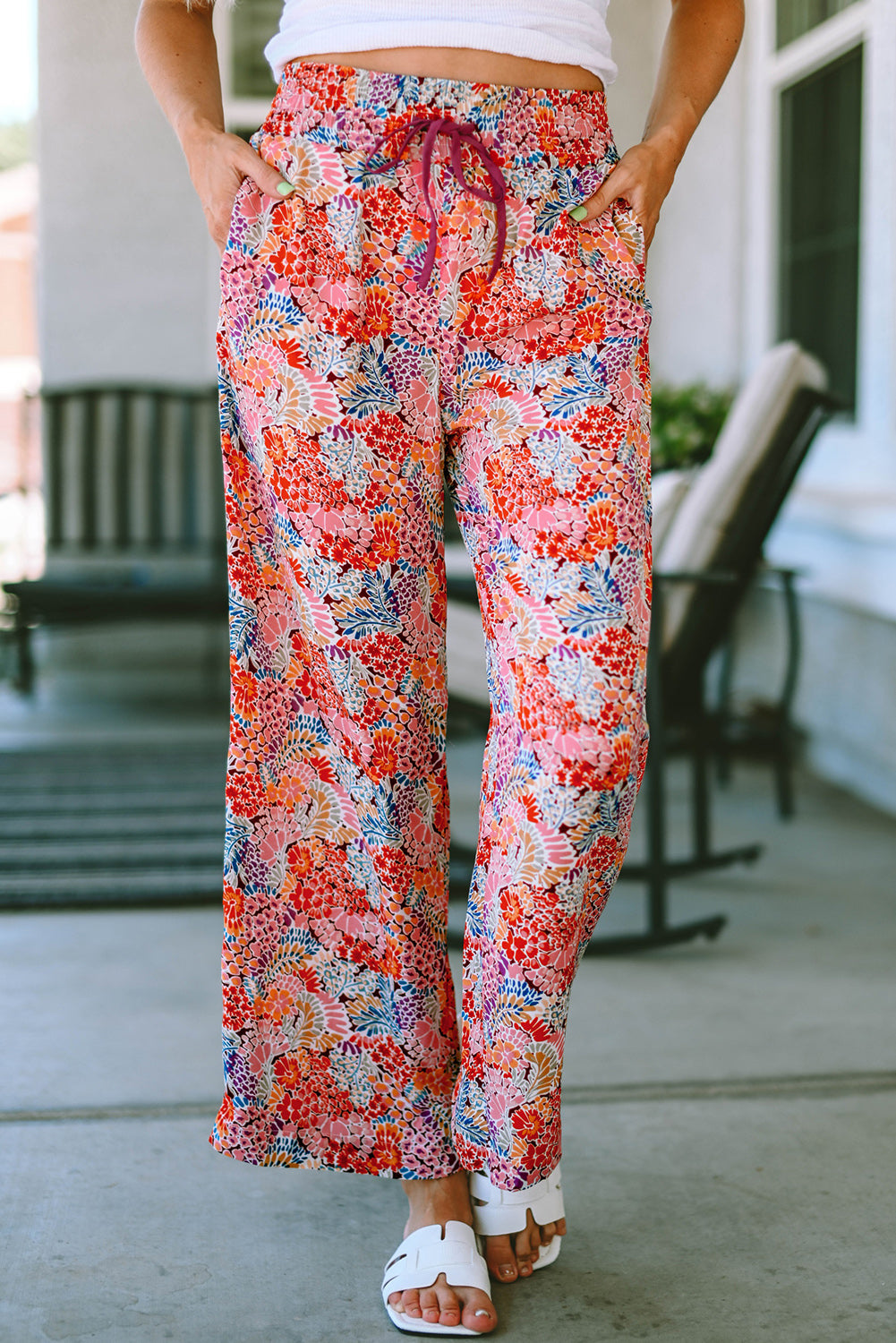 Red Gorgeous Print Drawstring Smocked High Waist Pants