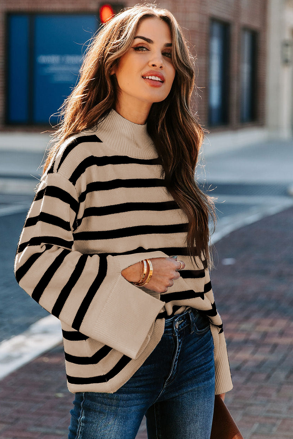 Khaki Striped Mock Neck Bell Sleeve Knit Sweater