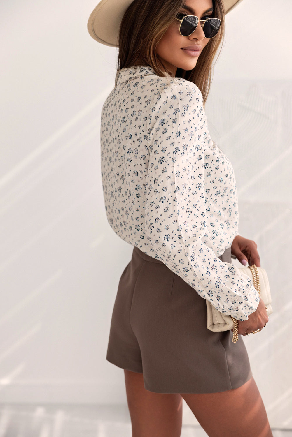 Beige Lace Patch Floral Button-Up Shirt