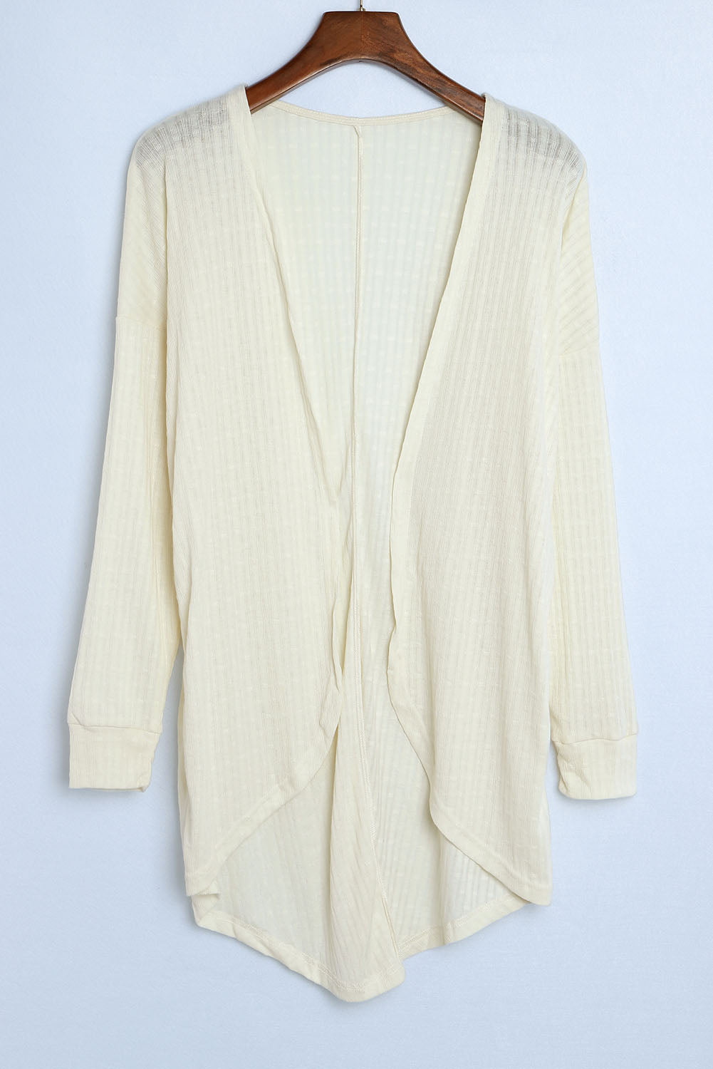 Beige Open Front Rounded Hem Textured Knit Cardigan