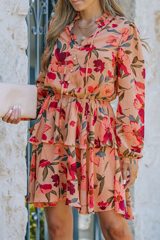 Red Frilled Collar Long Sleeve Floral Dress with Ruffle