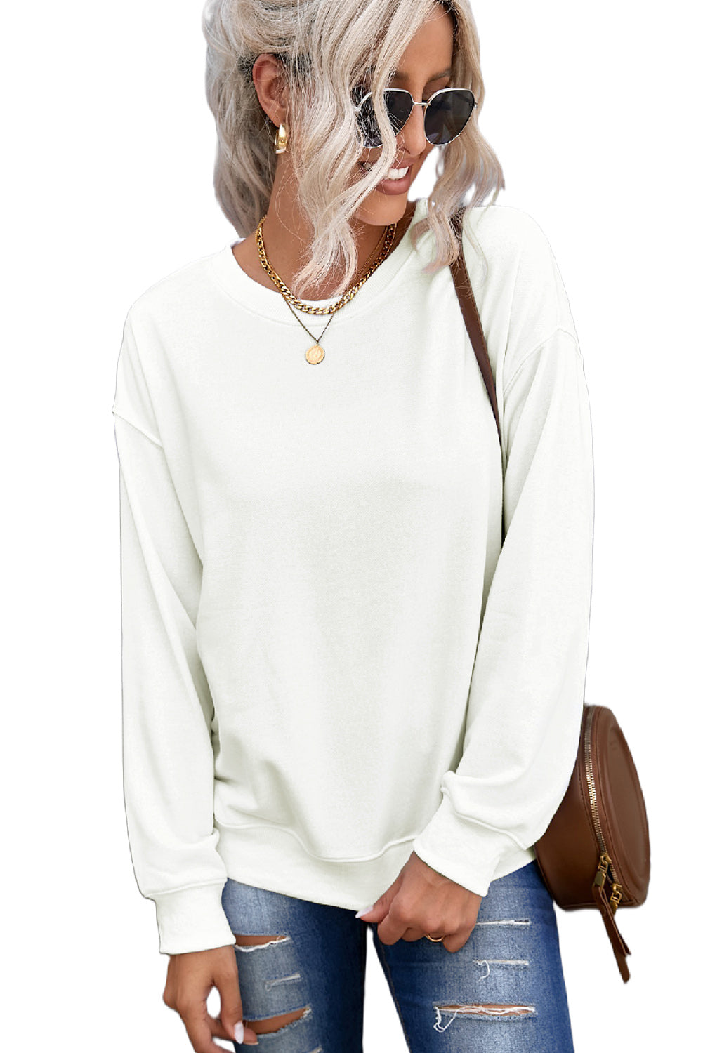 Beige Plain Crew Neck Pullover Sweatshirt