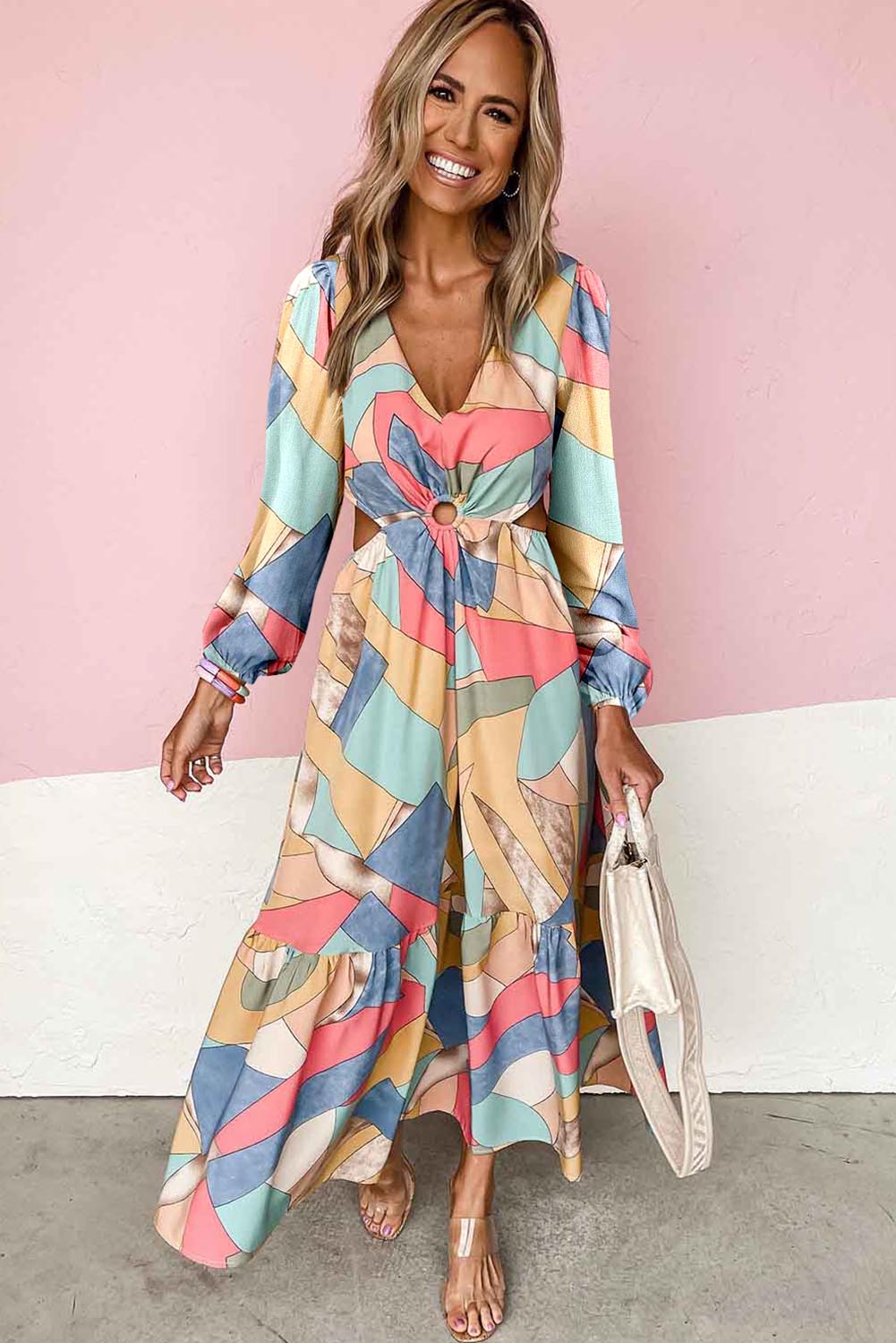 Multicolor Abstract Print O-ring Cut out Long Sleeve Maxi Dress