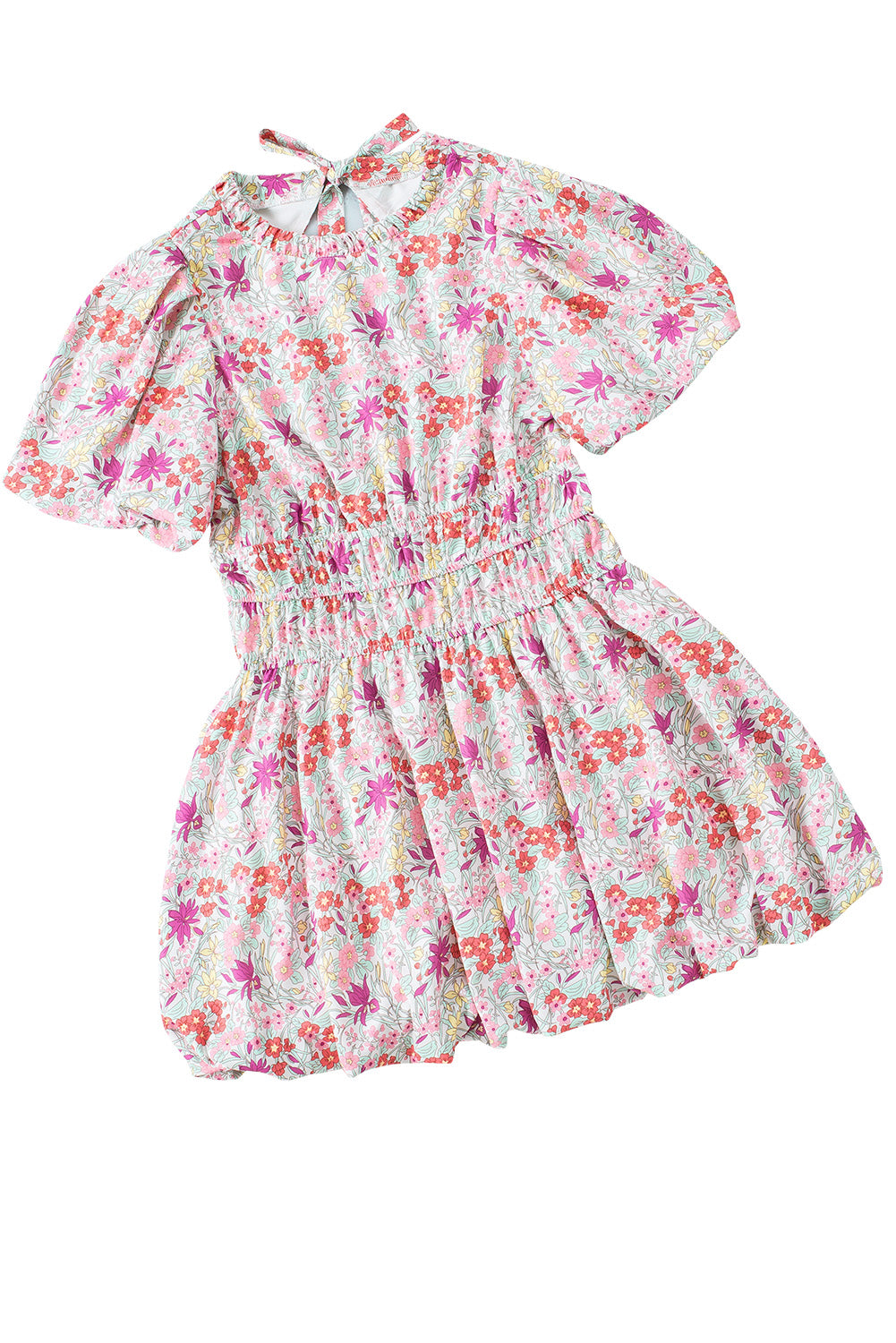 Red Puff Sleeve Smocked Waist Floral Dress