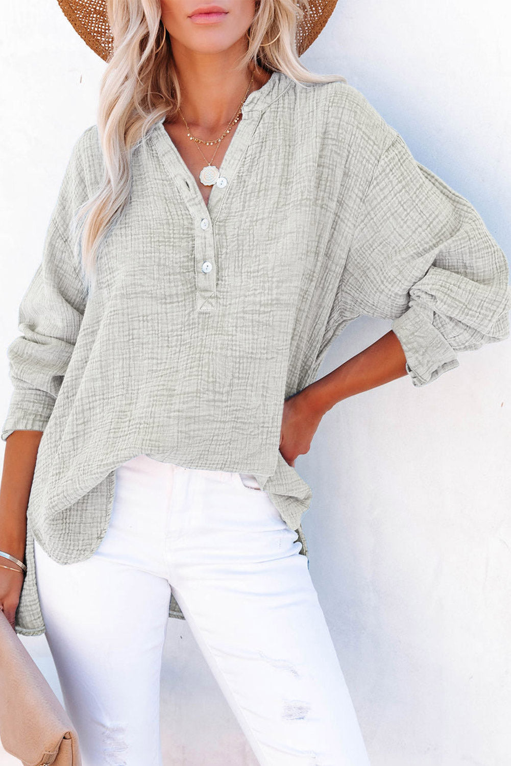 Gray Crinkle Textured Loose Henley Top