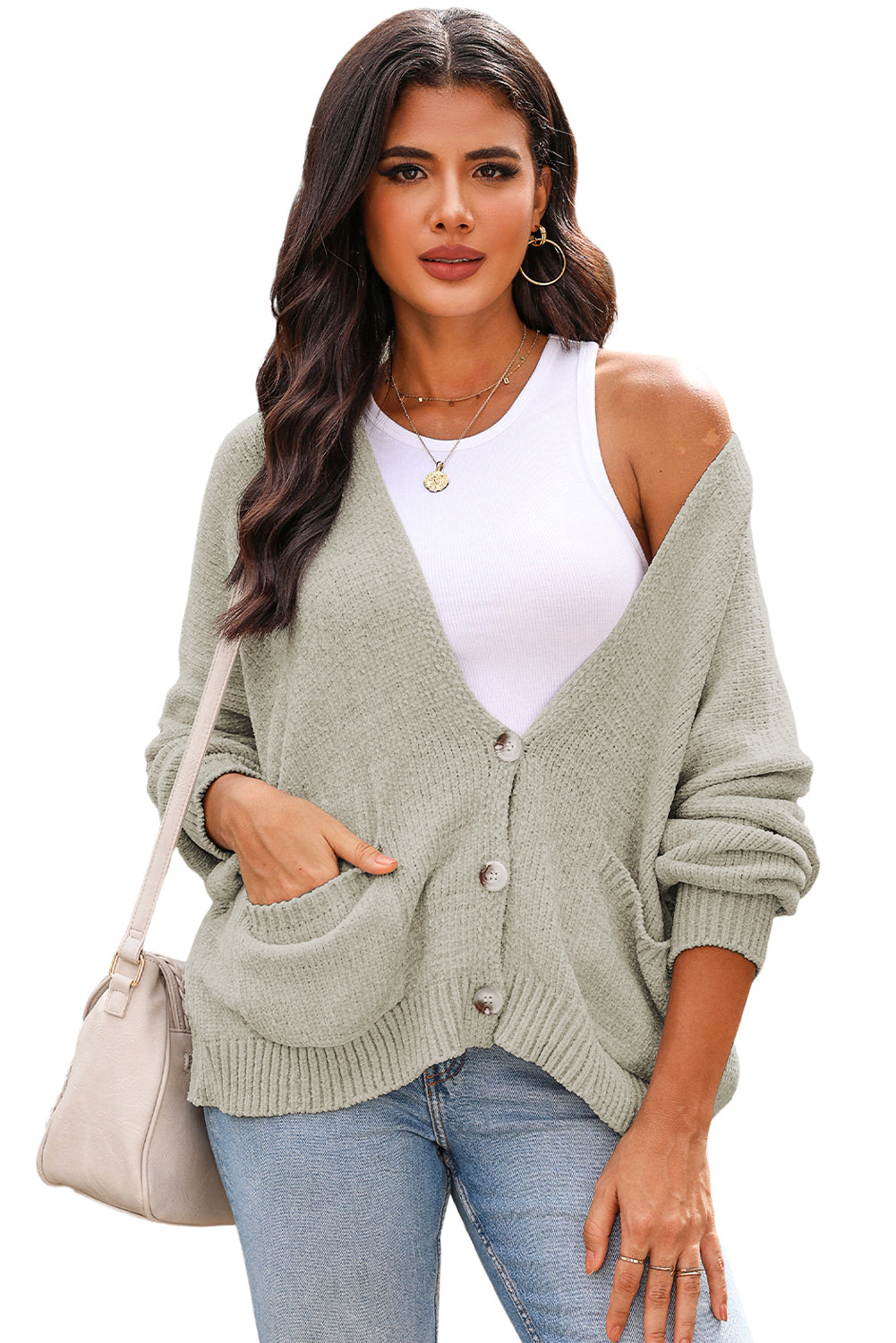 Gray Buttons Front Pocketed Sweater Cardigan