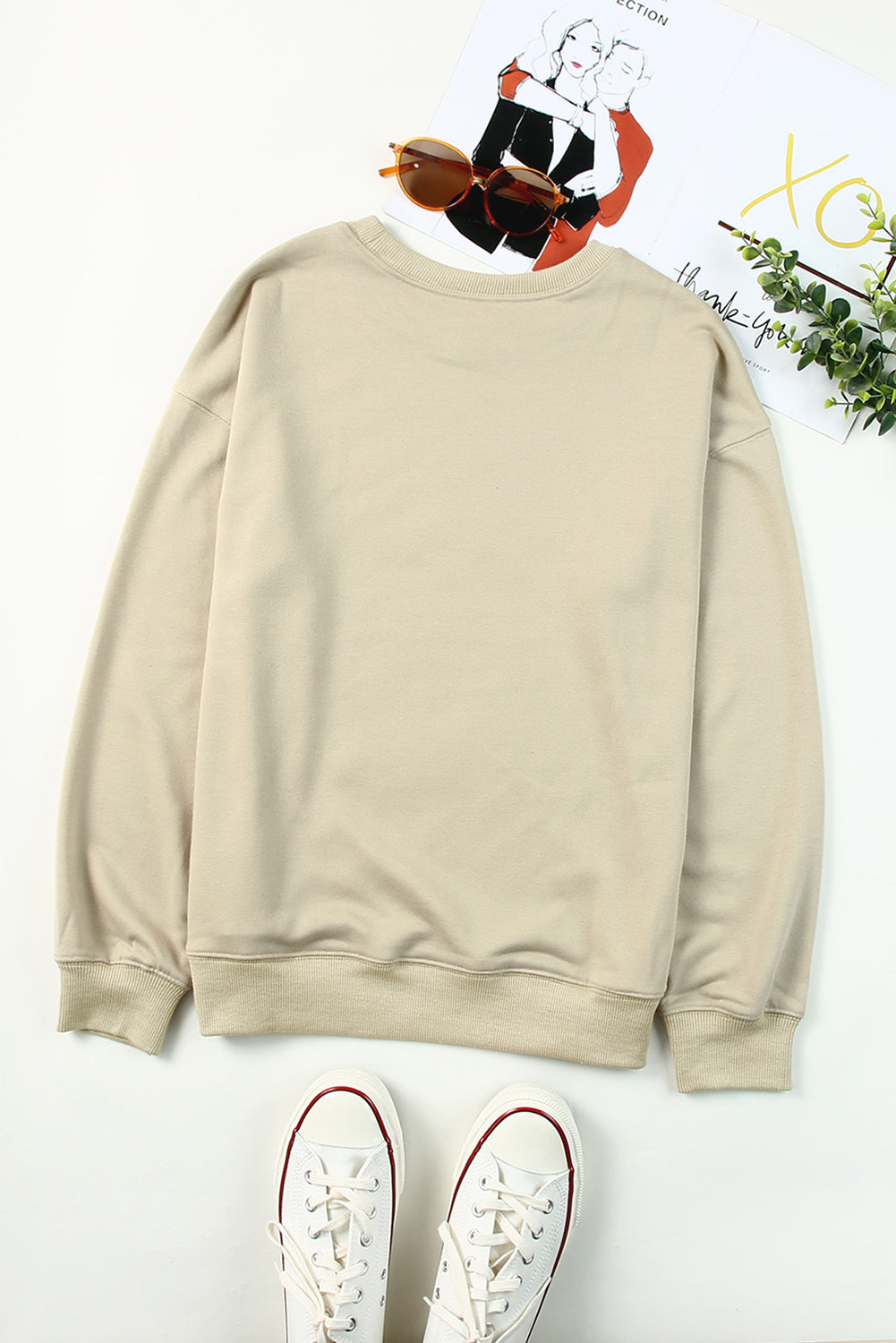 Khaki Plain Crew Neck Pullover Sweatshirt