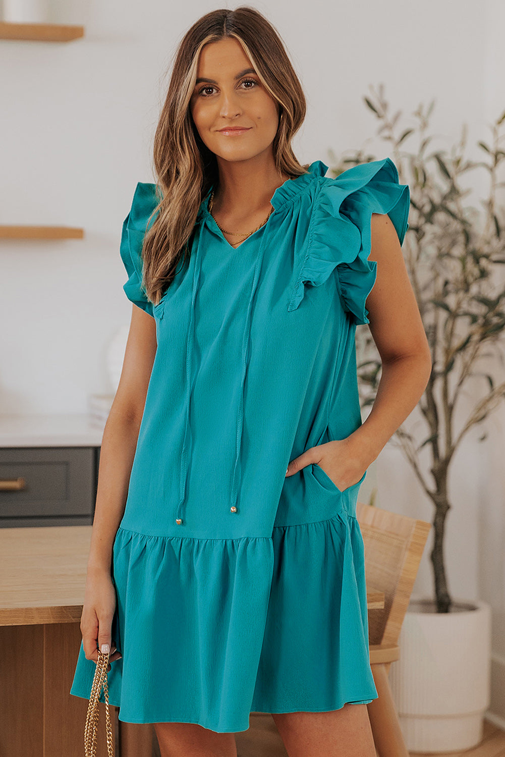 Green Tiered Ruffled Sleeves Mini Dress with Pockets