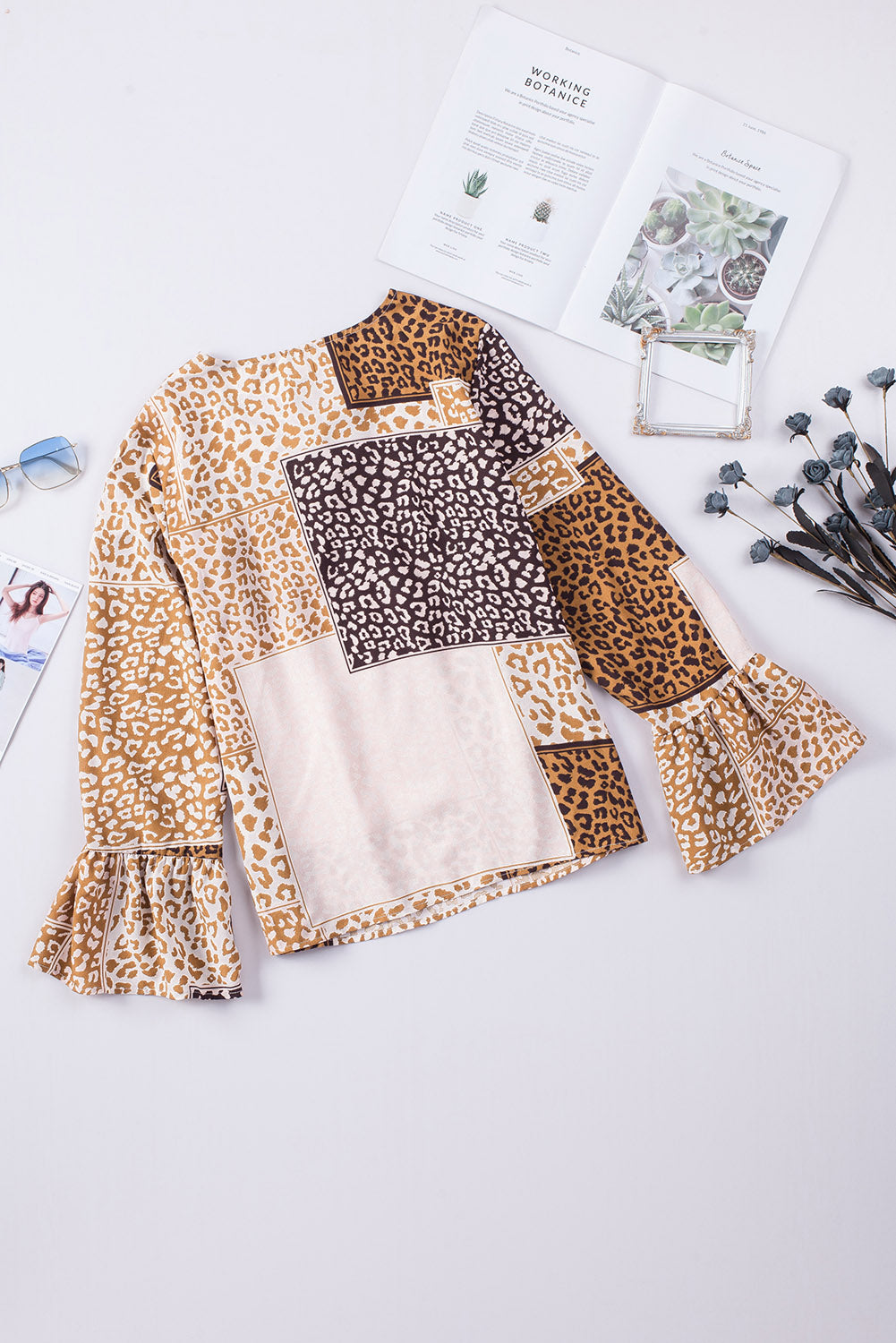 Brown Colorblock Leopard Ribbon Tie Blouse