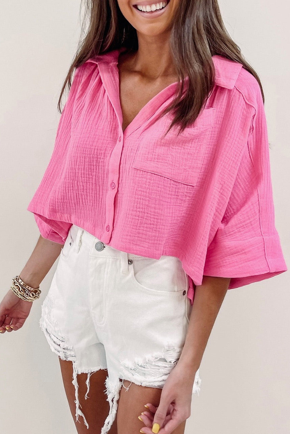 Pink Half Sleeves Crinkled Cropped Shirt