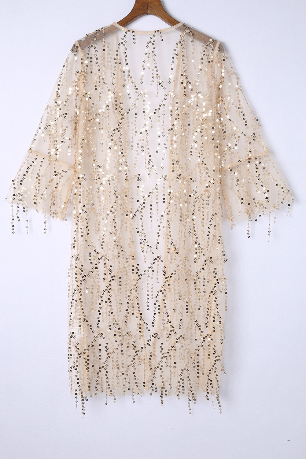 White Sequin Sheer Long Sleeve Open Front Kimono