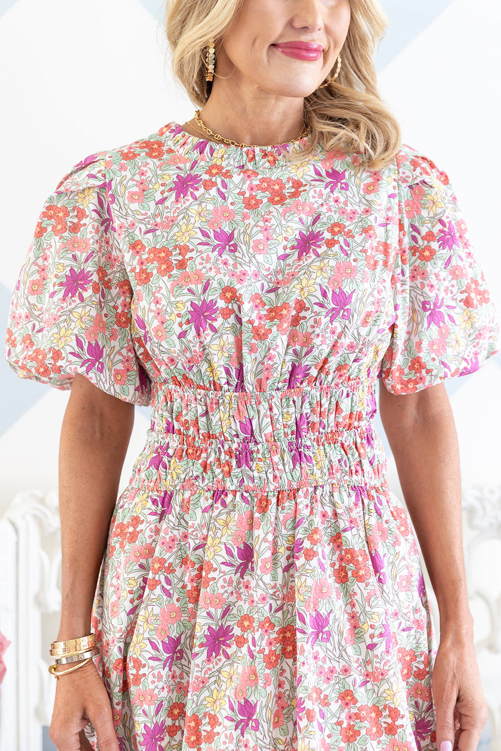 Red Puff Sleeve Smocked Waist Floral Dress