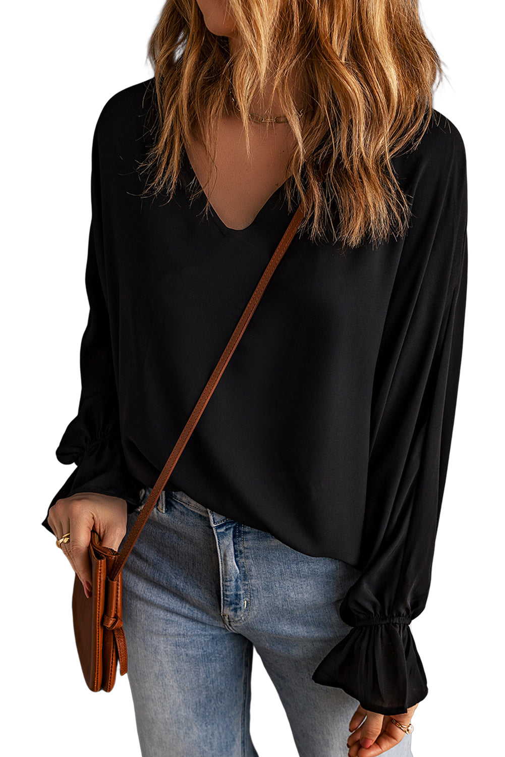 Black Flared Cuff Bishop Sleeve Blouse