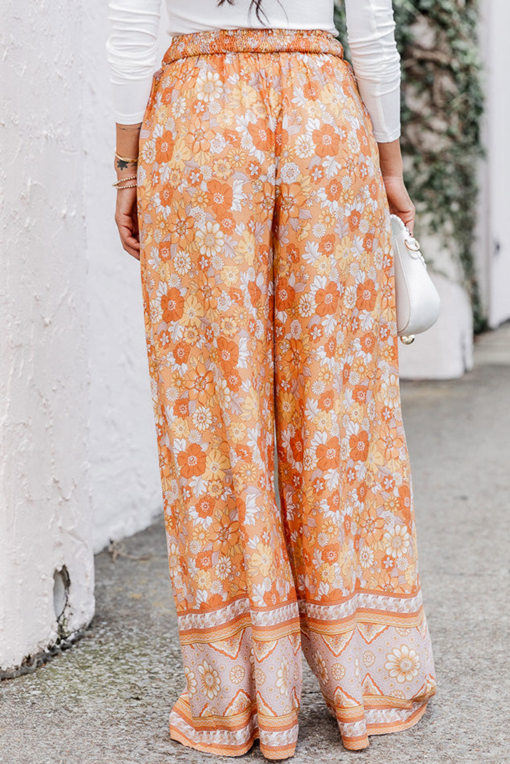 Grapefruit Orange Tie Waist Boho Floral Wide Leg Pants