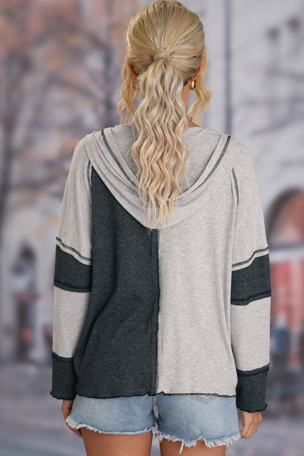 Gray Colorblock Seamed Ribbed Henley Hoodie