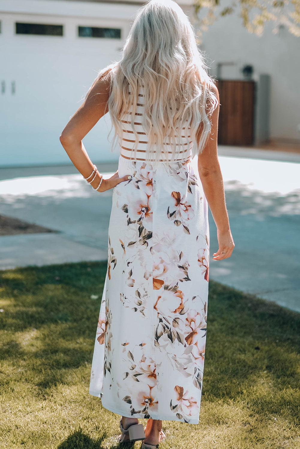 White Striped Floral Print Sleeveless Maxi Dress with Pocket