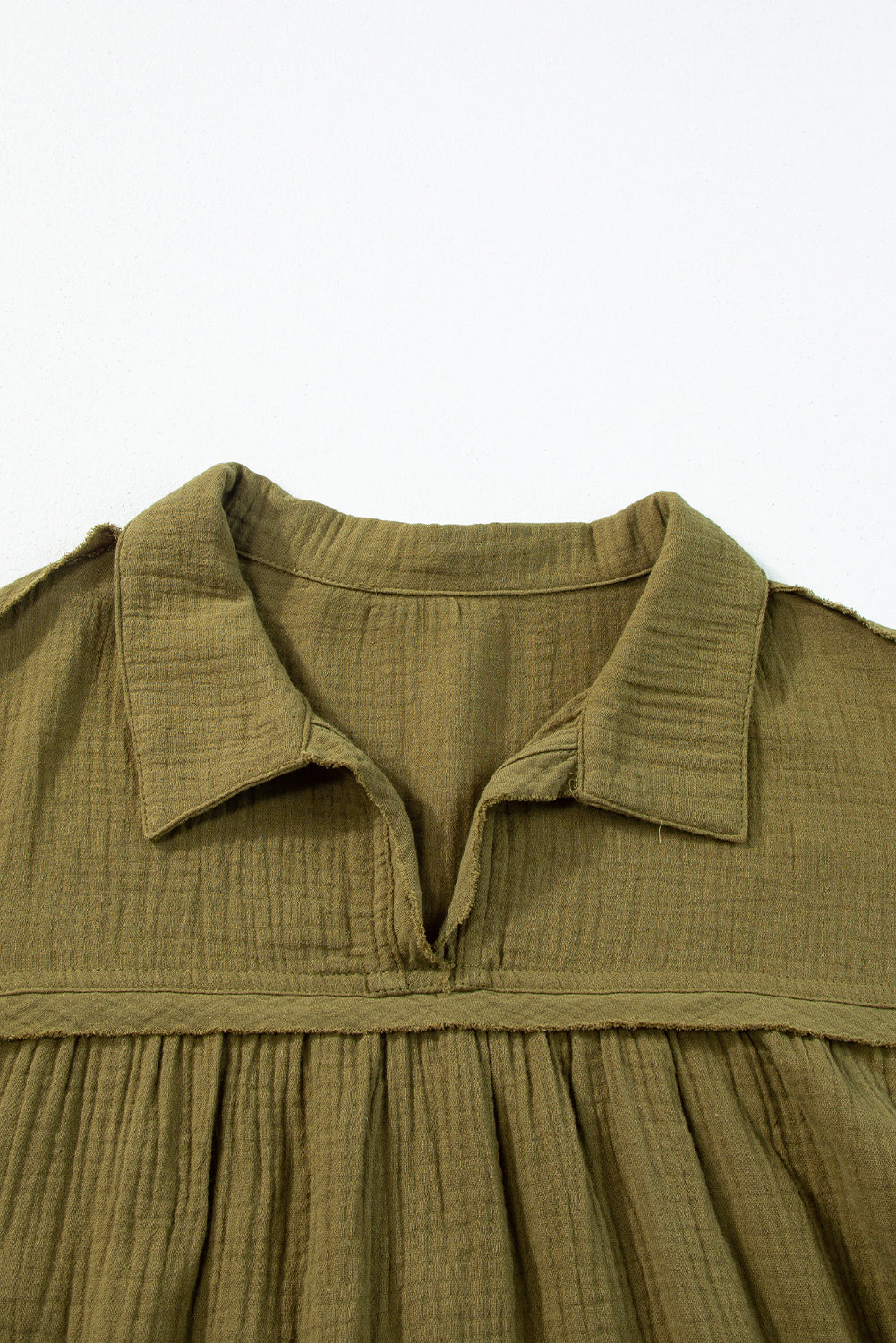 Green Frayed Trim Split Neck Puff Sleeve Flared Dress