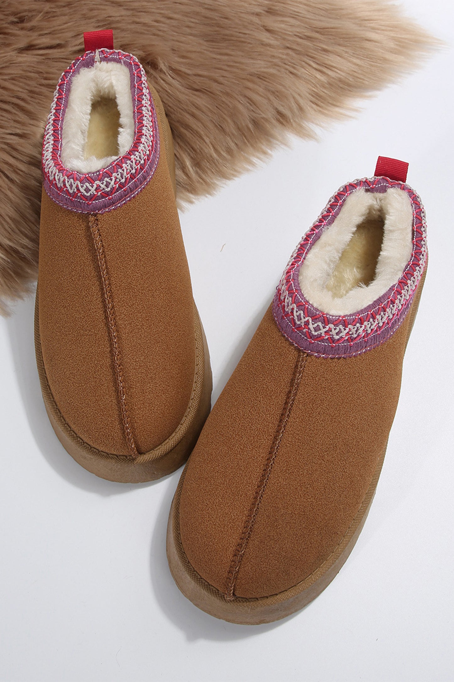 Chestnut Suede Contrast Print Round Toe Plush Lined Flats