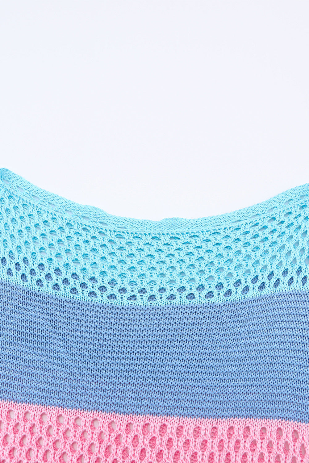 Sky Blue Knitted Eyelet Colorblock Striped Half Sleeves Top