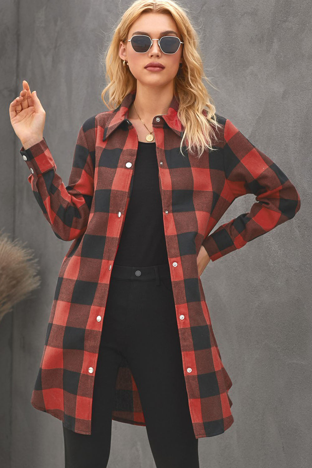 Red Turn-down Collar Plaid Shirt Coat