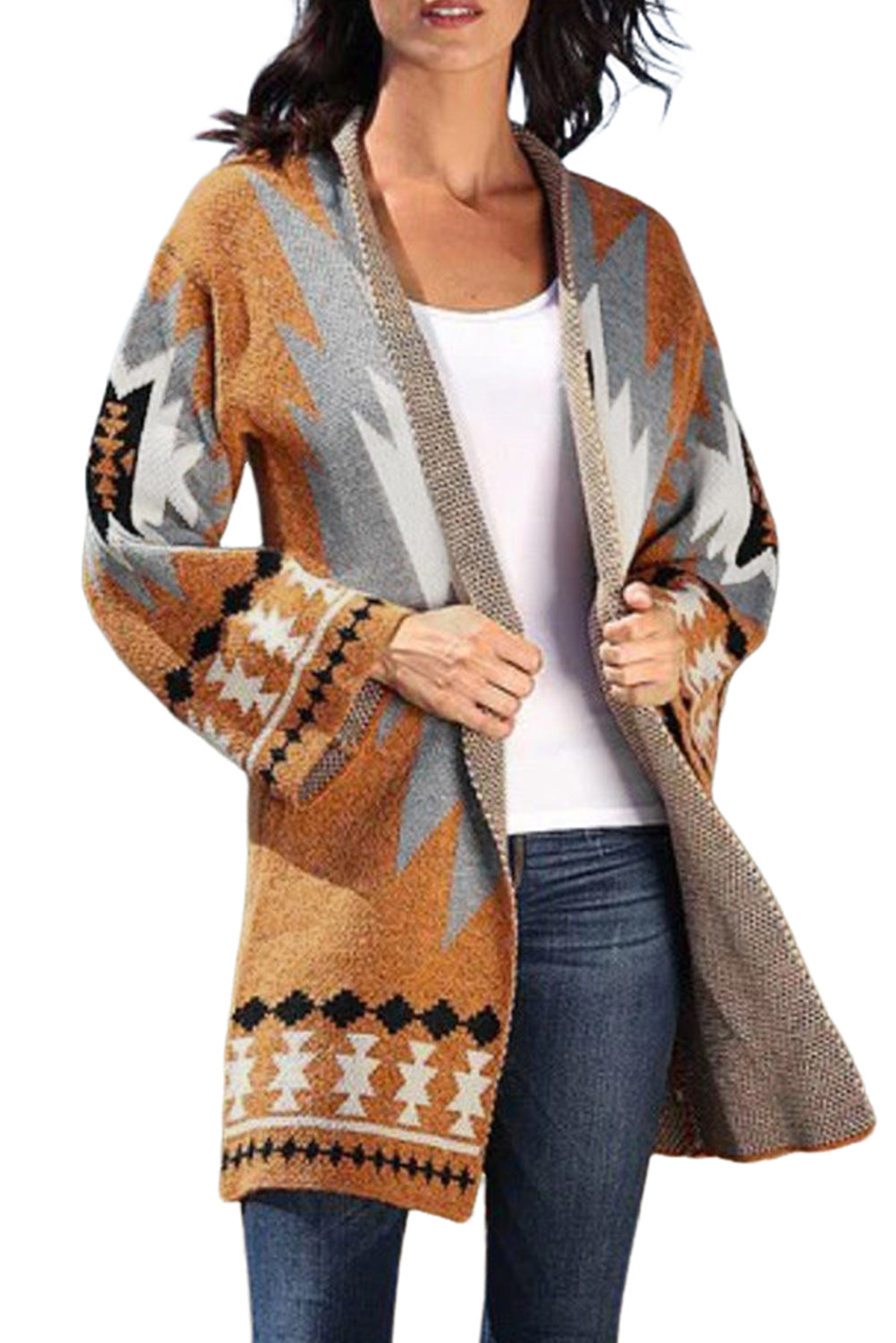 Gold Flame Aztec Graphic Open-Front Cardigan