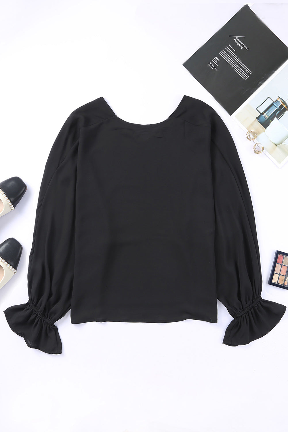 Black Flared Cuff Bishop Sleeve Blouse