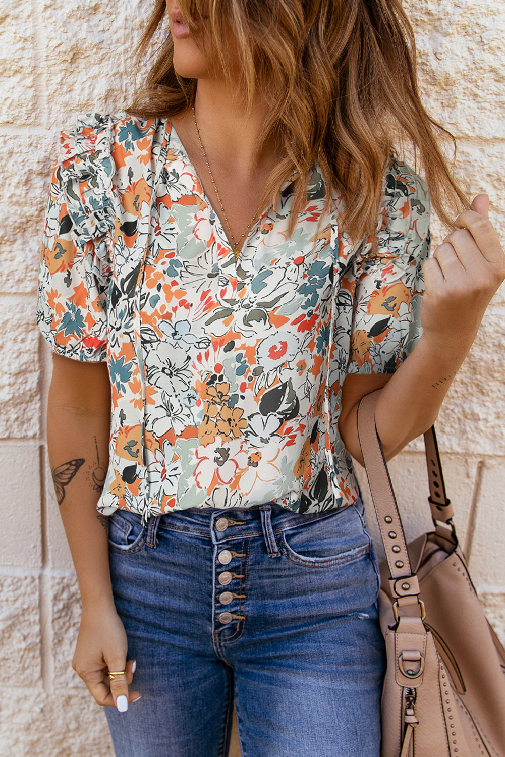 Multicolor Split V Neck Puff Sleeve Flower Print Blouse