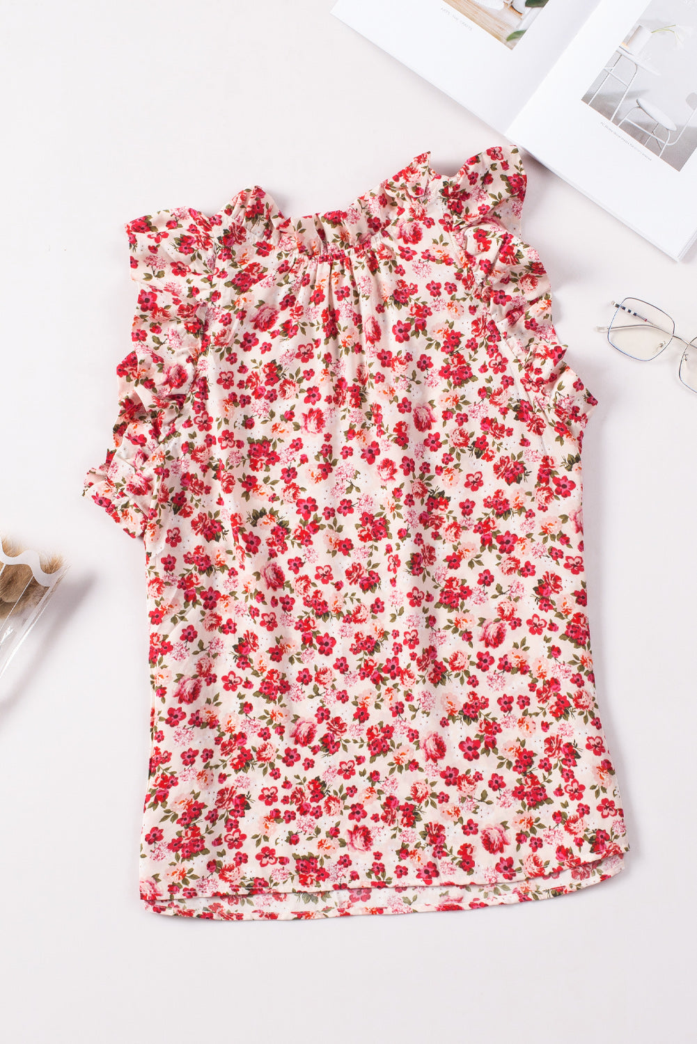 Red Floral Print Ruffled Mock Neck Sleeveless Top