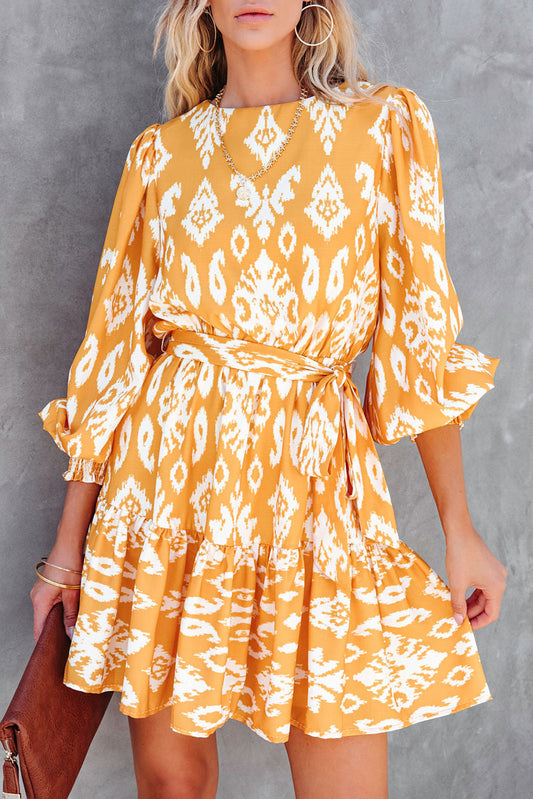 Yellow Ethnic Vibe Printed Sash Mini Dress