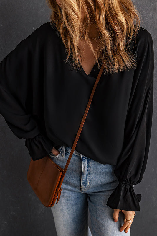 Black Flared Cuff Bishop Sleeve Blouse