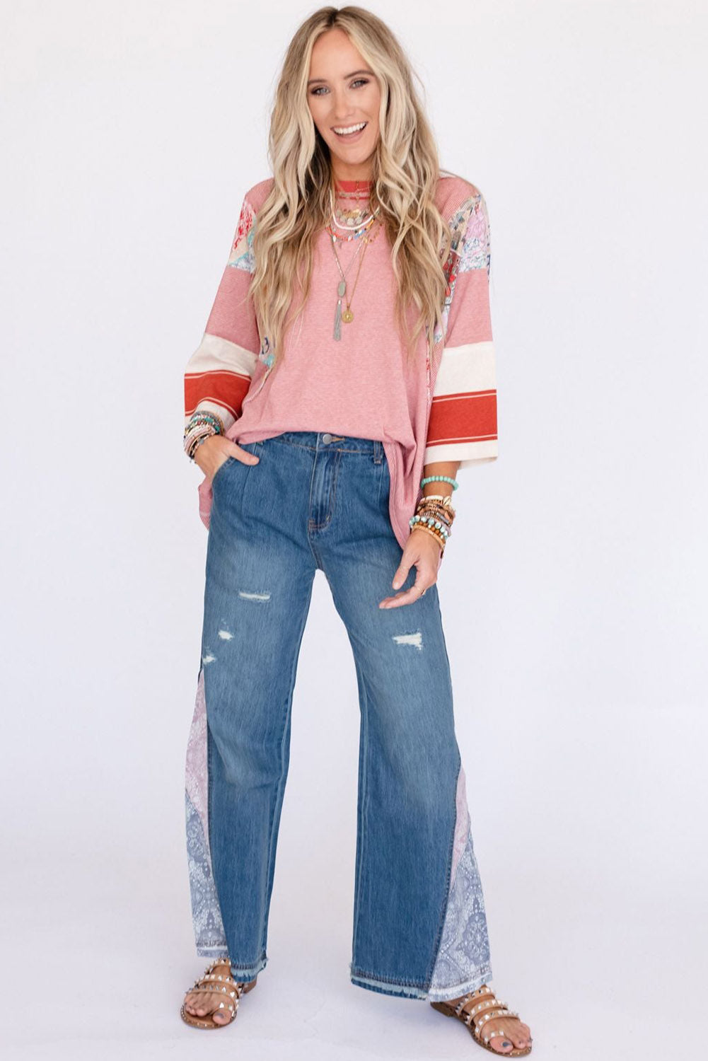 Red Pinstriped Color Block Patchwork Oversized Top