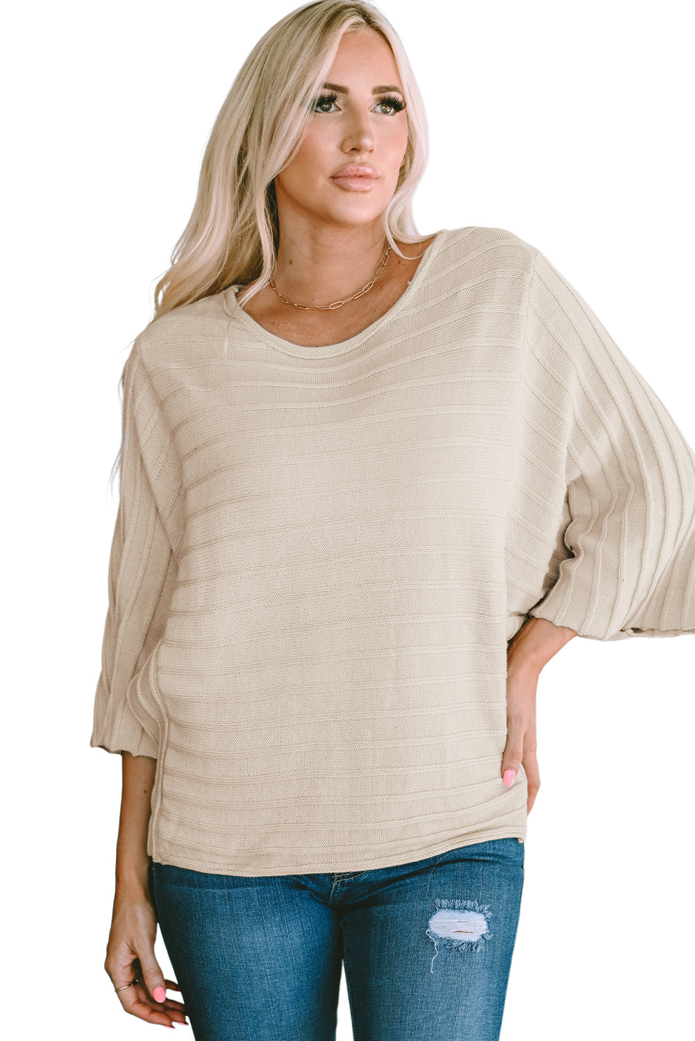 Apricot Exposed Seam Ribbed Knit Dolman Sweater