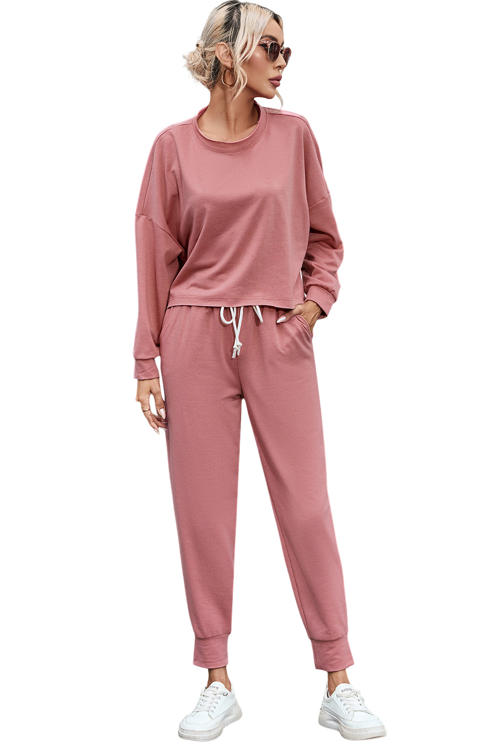 Pink Solid Sport Boxy Fit Pullover & Pants Outfit