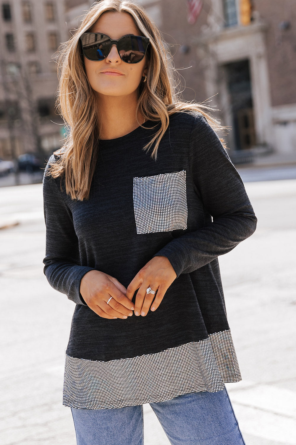 Black Sequin Patch Pocket Ruffle Hem Top