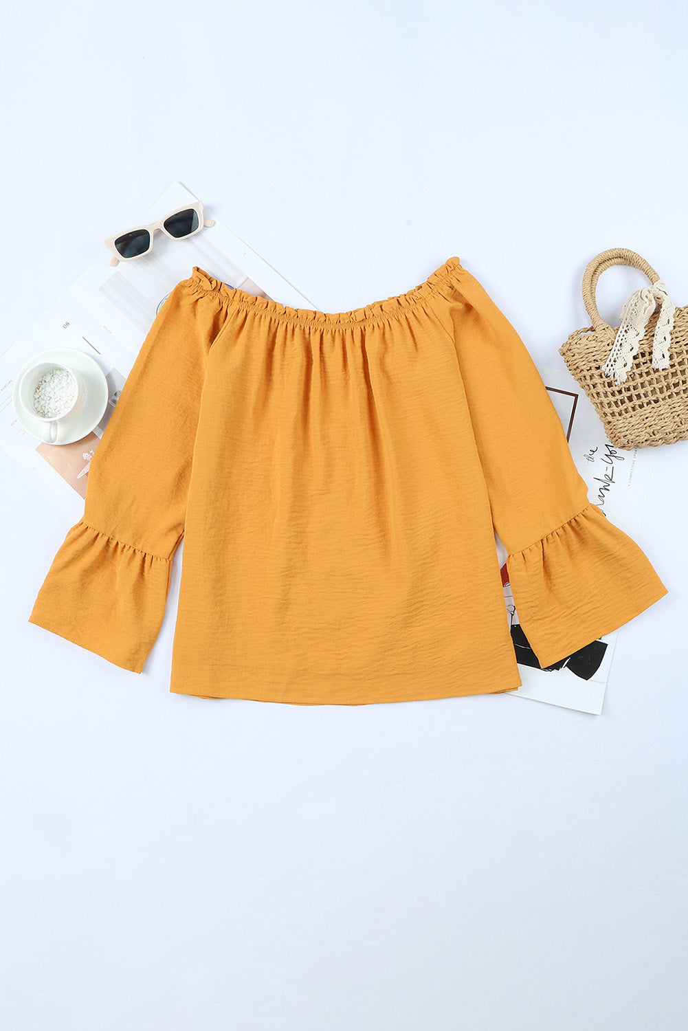 Yellow Floral Print Ruffled Off Shoulder Blouse